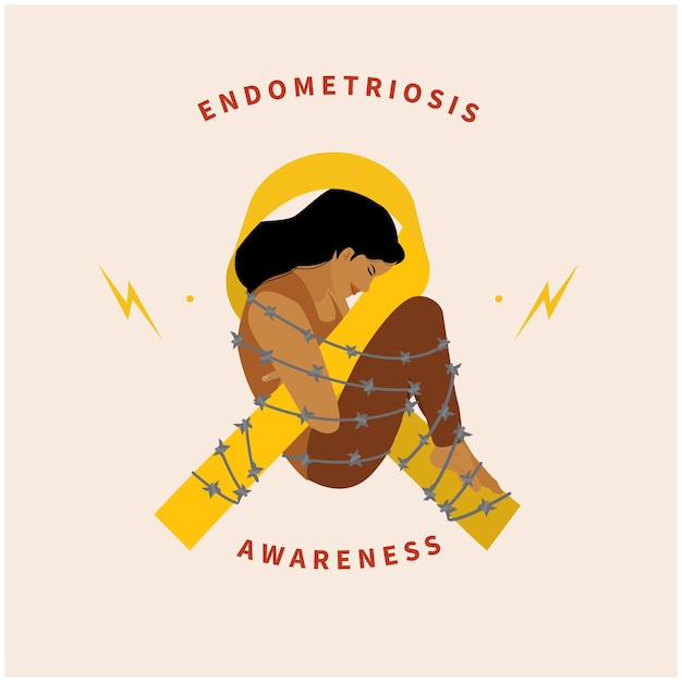 노란색 자궁내막증 리본과 가시선에 힌 여성