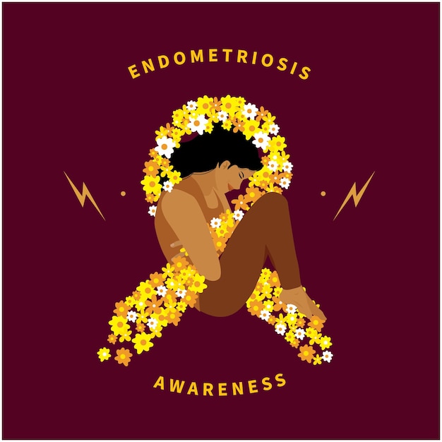 Vector woman entangled with yellow endometriosis ribbon made of flower