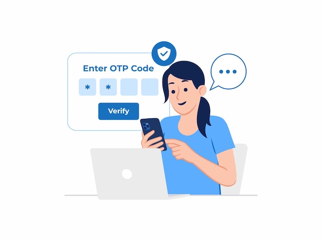 Женщина вводит код OTP, одноразовая защита паролем, безопасная проверка входа в систему, двухэтапная аутентификация.