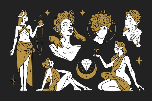 Woman esoteric cotoured golden black minimalist logo set vector illustration female antique goddess