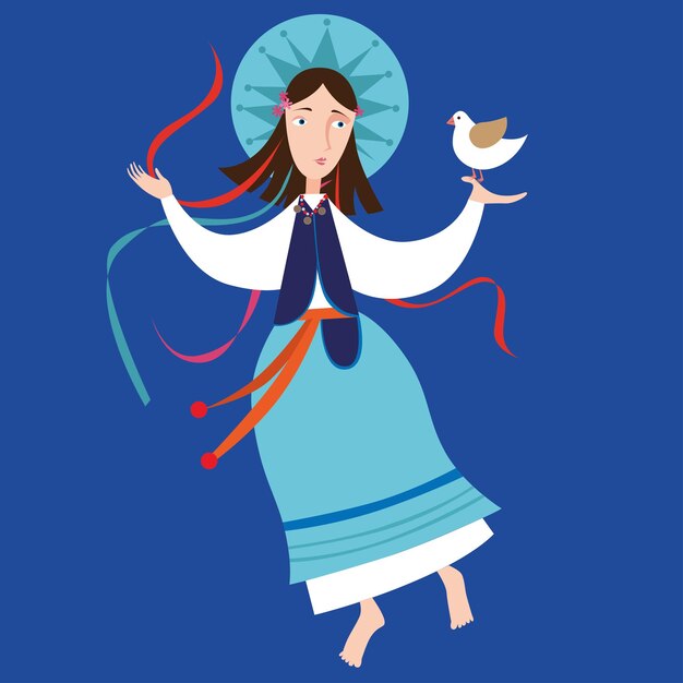 Woman in ethnic costume with a dove in his hands on a blue background