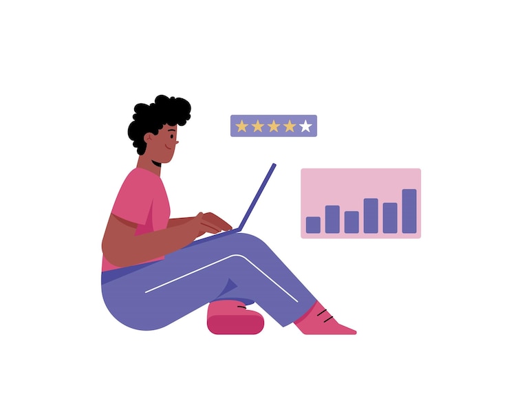 Vector woman evaluating performance business with laptop