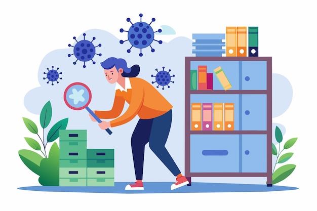 A woman examines a bookcase closely with a magnifying glass search for viruses in storage Simple and minimalist flat Vector Illustration