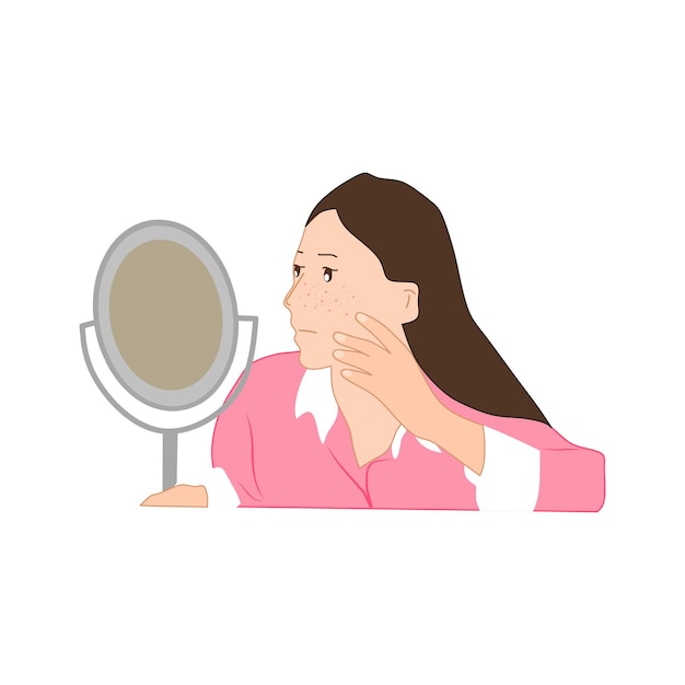 Woman Examining Her Skin in a Mirror