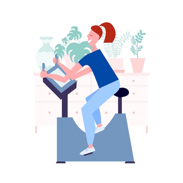 Woman on exercise bike Flat style vector illustrtation Happy woman doing velo exersice at home