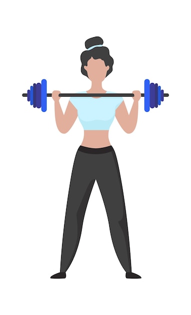 Женщина тренируется Мультяшная женщина поднимает штангу Тренировка персонажа со спортивным инвентарем Спортсмен поднимает тяжести в тренажерном зале Бодибилдинг или фитнес-тренировка Вектор активный образ жизни