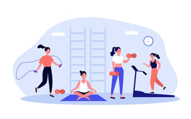 Vector woman exercising in fitness club or gym