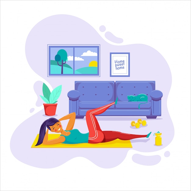 Vector woman exercising at home.