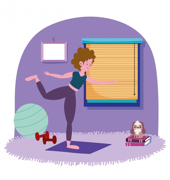 Женщина, осуществляющих йоги в комнате, упражнения на дому