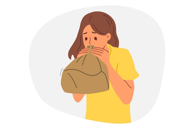 Vector woman experiences panic attack and breathing in paper bag trying to recover from strong fright