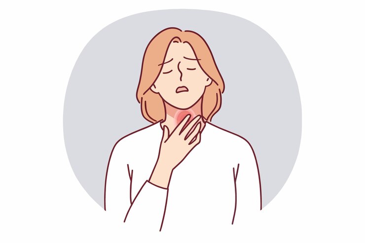 Vector woman experiencing a sore throat discomfort