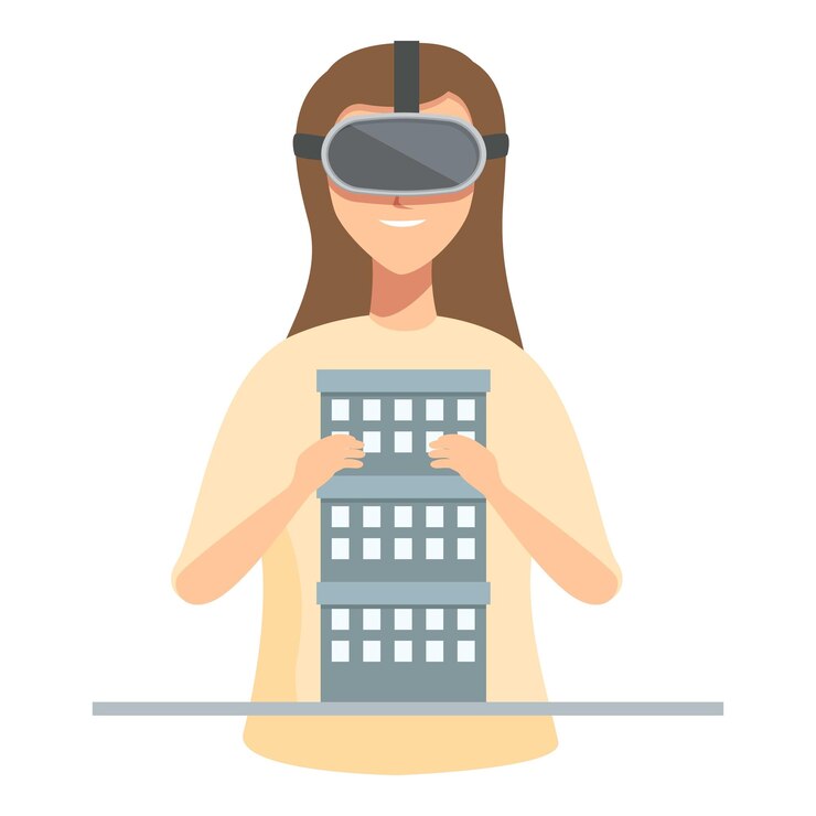 Vector woman experiencing virtual reality architecture