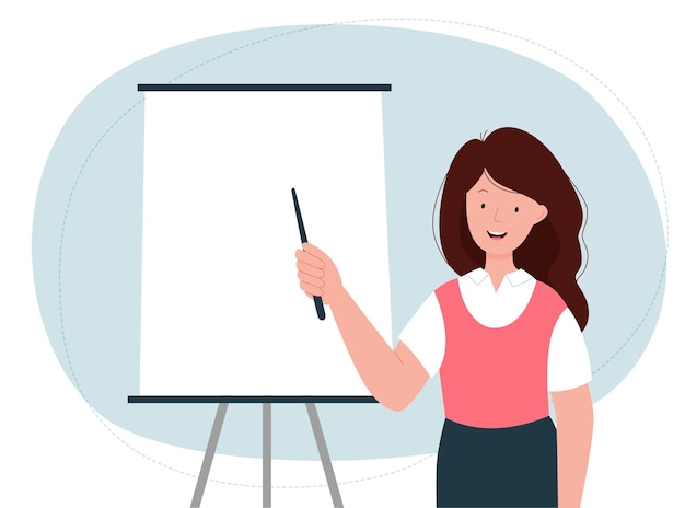 woman expert shows presentation on flipchart. female speaker in the office shows a report on a white
