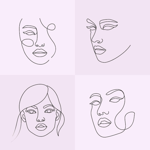 Vector woman face abstract line art drawing beauty girl feminine collection face line illustration