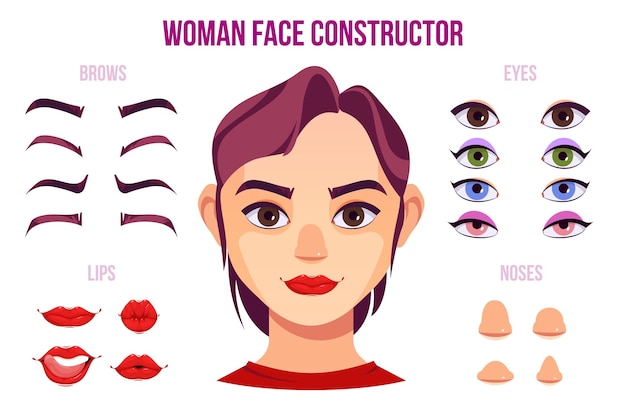 다양한 색상과 형태의 코 눈 눈썹 입술과 중앙 만화 벡터 삽화의 여성 캐릭터 초상화를 가진 여성의 얼굴 생성자 요소