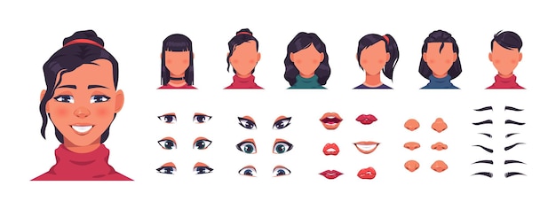 Woman face constructor Female character avatar kit with hair and facial shapes Cute eyes with eyebrows nose and lips collection Hairstyle creator Vector cartoon isolated portrait elements set