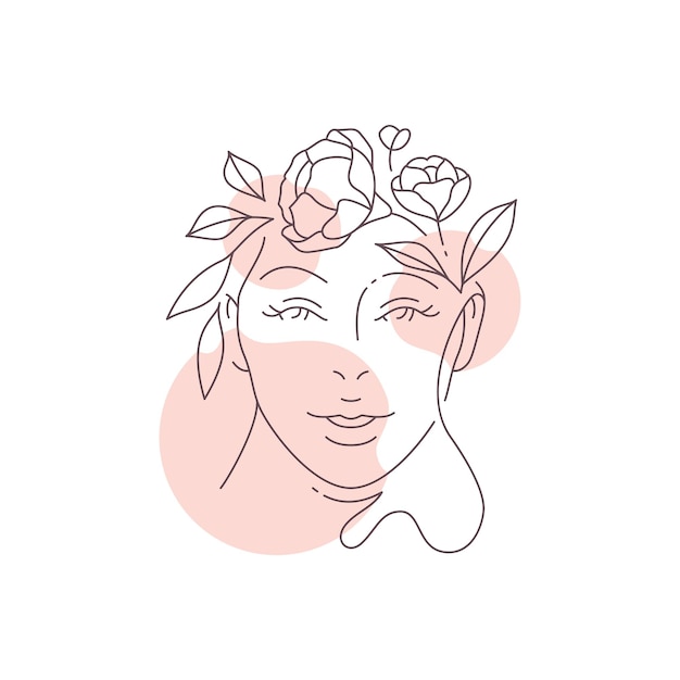 Woman face flower wreath hairstyle with pink pastel spots continuous line art style beauty logo vector illustration Female floral portrait buds blossom leaves minimal icon skincare makeup wellness
