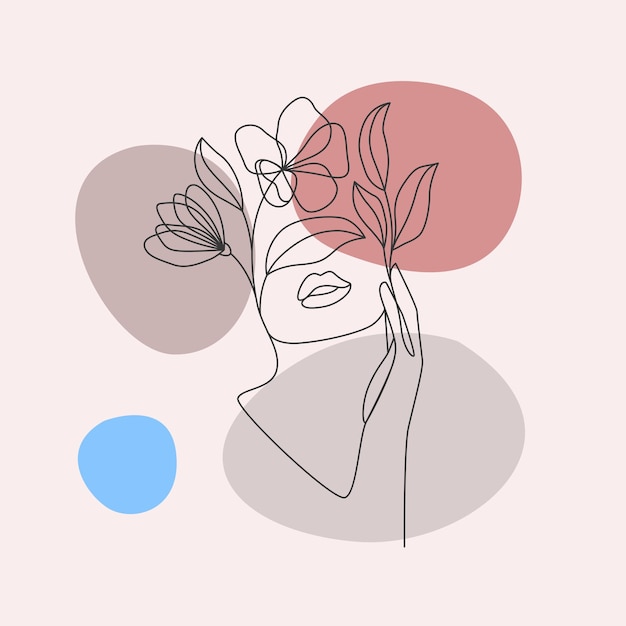 Vector woman face and flowers in line art style
