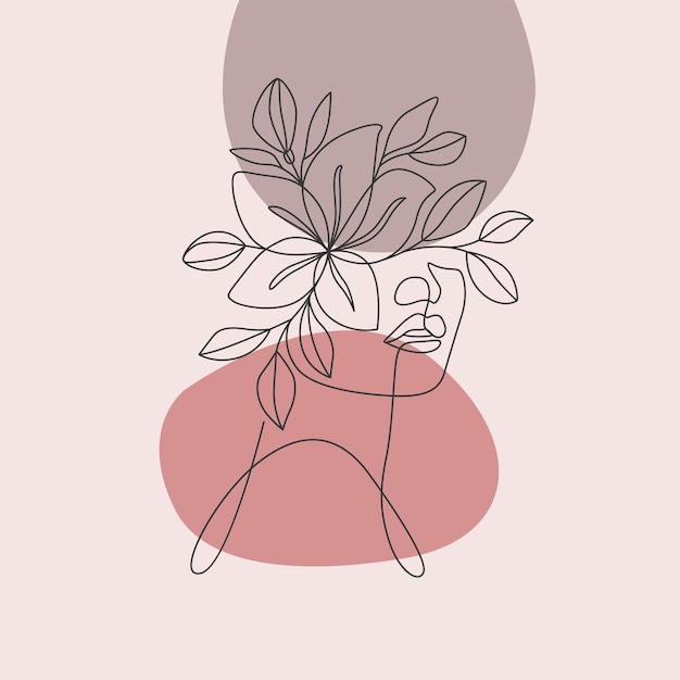 Woman face and flowers in line art style