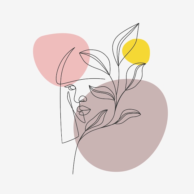 Woman face and flowers in minimal line art style