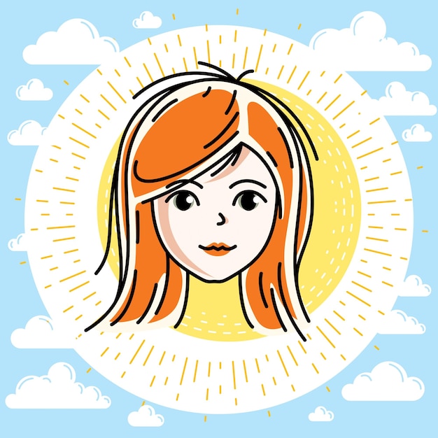 Woman face, human head. Vector character, beautiful red-haired female with stylish haircut.