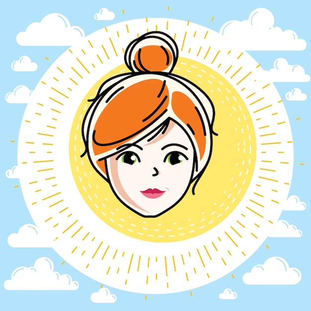 Woman face, human head. Vector character, beautiful red-haired female with stylish haircut.