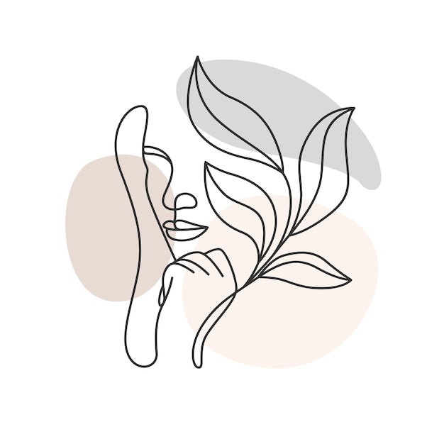 Woman face and leaves in aesthetic line art style