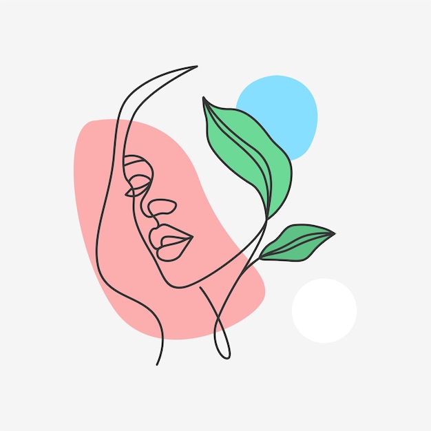 Woman face and leaves in line art style