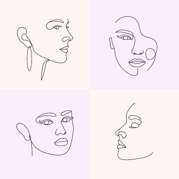 Vector woman face line art collection abstract line drawing beauty girl feminine face illustration