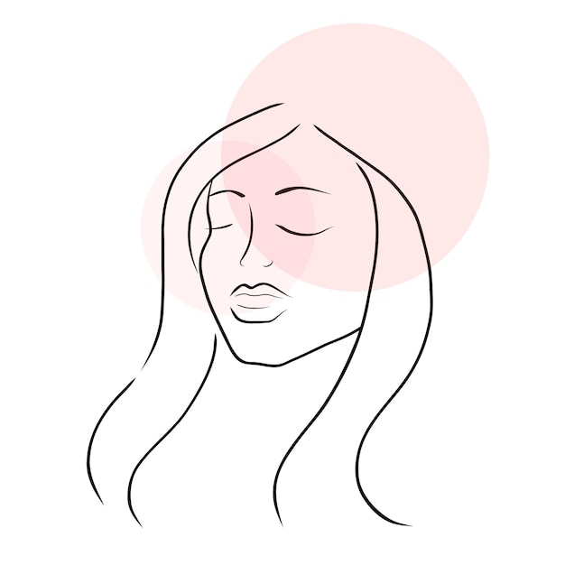 Vector woman face line art with long hair in pastel pink shades minimalistic style vector hand drawn beauty