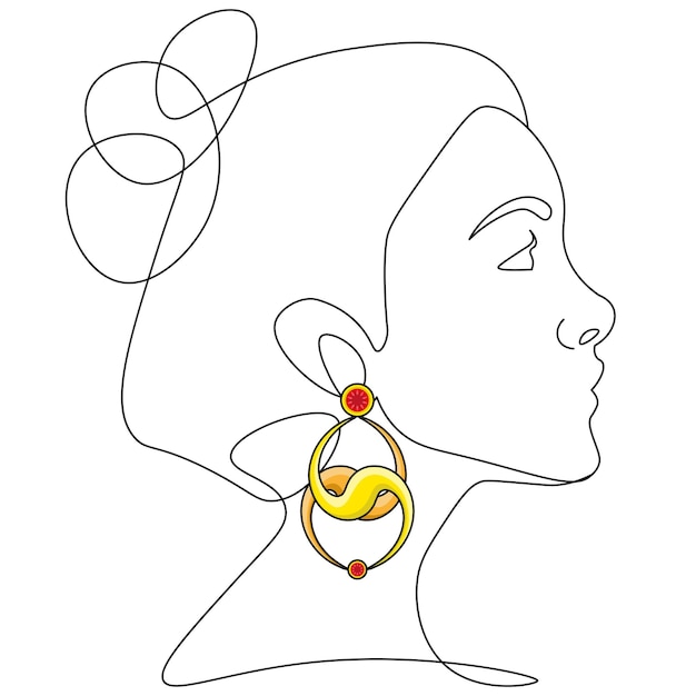 Woman face one line gold earring with red gem