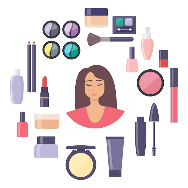 Woman face surrounded by decorative cosmetics elements Everything for make up and self care