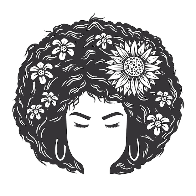 Woman Face With Afro And Flower Vintage Hairstyles Vector Line Art Illustration.