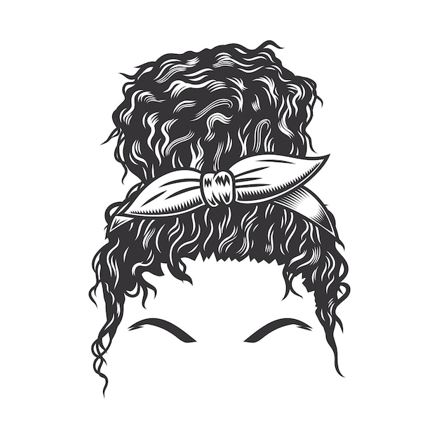 Vector woman face with afro messy bun vintage hairstyles vector line art illustration.