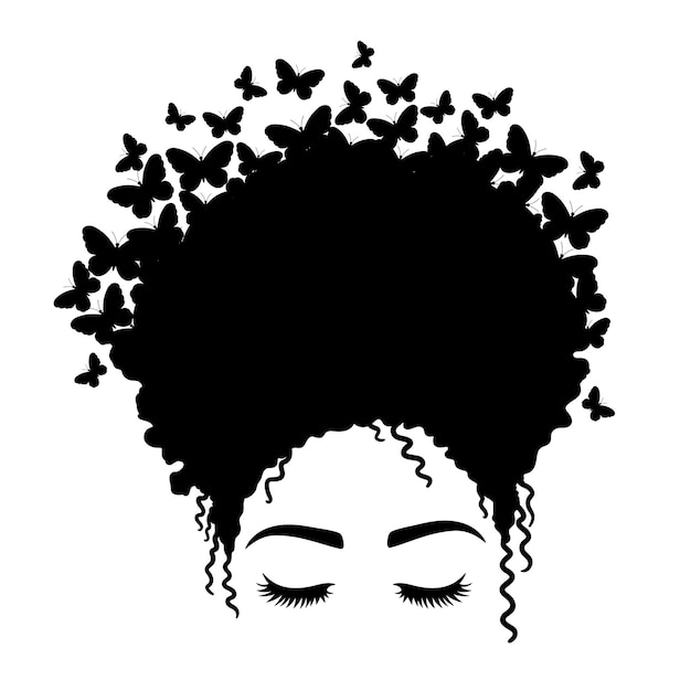 Женское лицо с ресницами Афро женщина с бабочками Афроамериканка Векторная иллюстрация