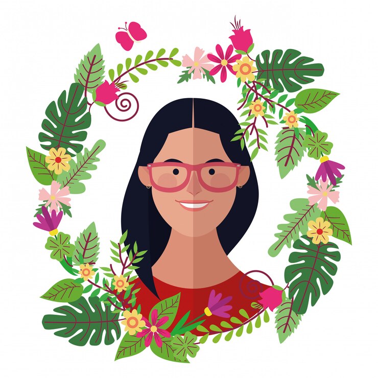 Vector woman face with floral wreath cartoons colorful