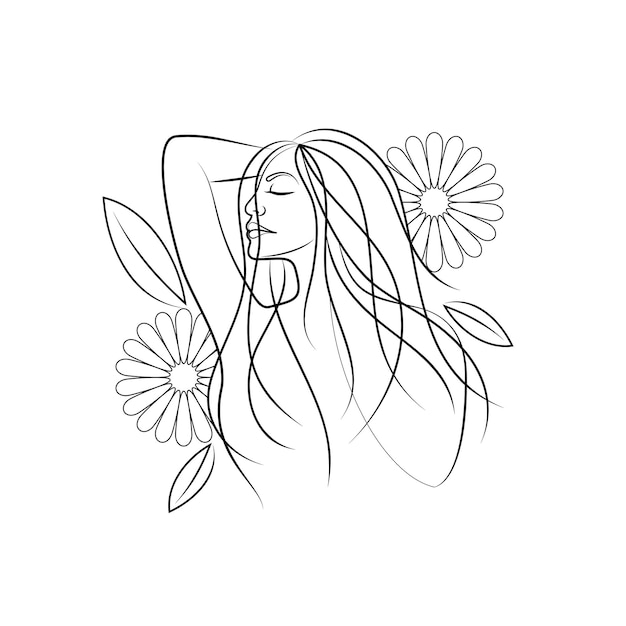 Vector woman face with flower and leaves minimal black and white line art work