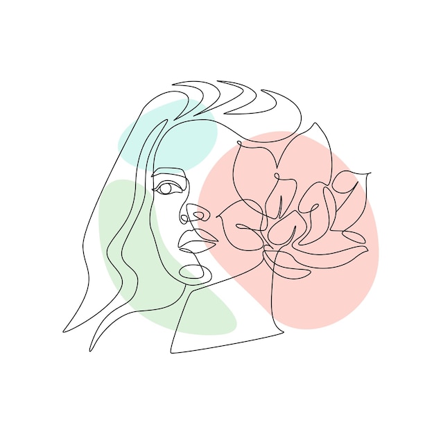 하나의 연속 선 그리기에 꽃이 있는 여자 얼굴 목련 꽃 모티브가 있는 간단한 선형 스타일의 추상 여성 초상화 봄 색상 자유형 벡터 일러스트