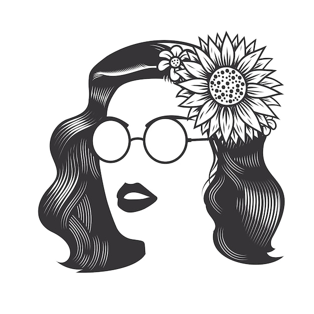 Лицо женщины с винтажными прическами для цветка на длинных волосах и векторной иллюстрации искусства линии солнцезащитных очков.
