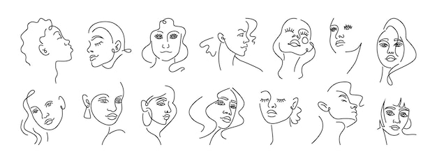 woman faces doodles in abstract design trendy set