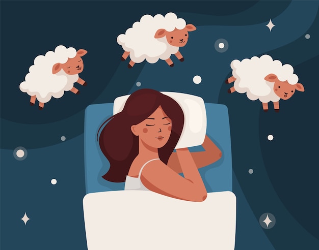 A woman falls asleep, dreams, and counts sheep lambs. insomnia and sleep disorders.