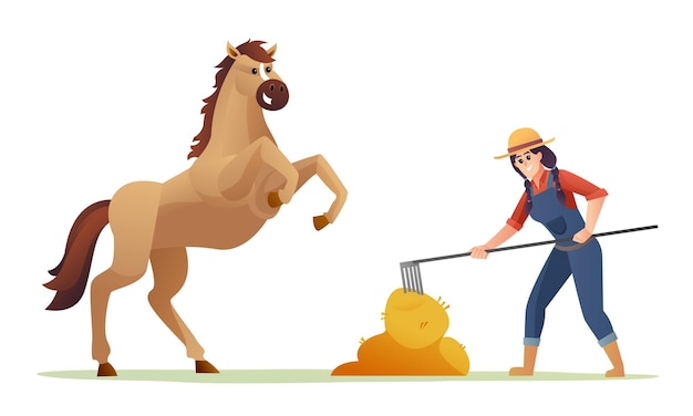 Woman farmer feeding horse with hay cartoon illustration