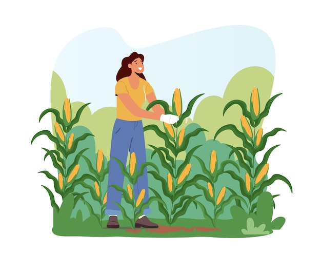 Vector woman farmer in gloves harvesting corn on field gardener female character working collecting ripe vegetables crop