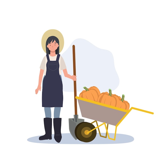 Woman farmer with a cart of pumpkin Fresh harvest concept Flat vector cartoon character illustration