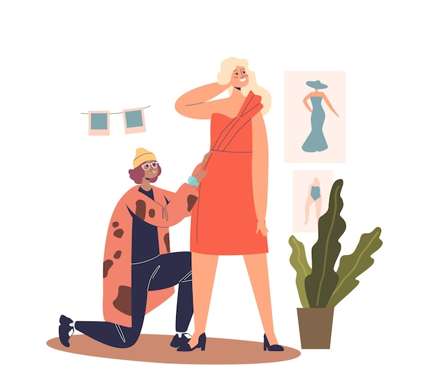 Woman fashion designer fitting dress on female client Hipster dressmaker and customer trying new garment for size in atelier Sewer work in workshop studio Cartoon flat vector illustration