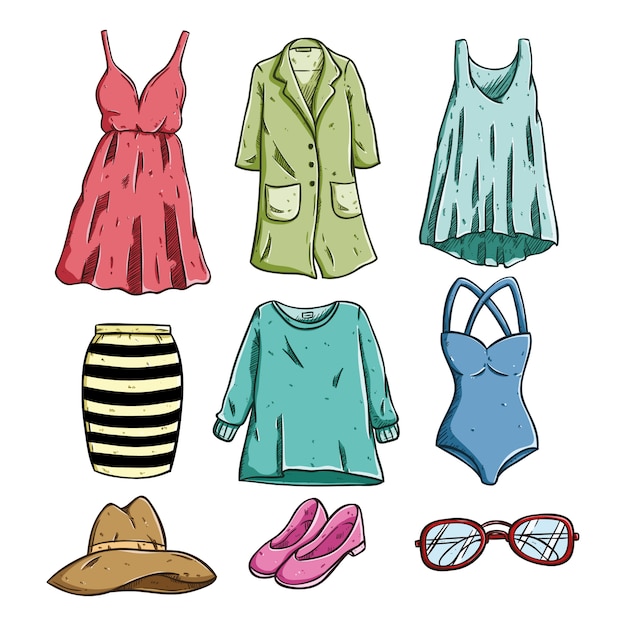 Vector woman fashionable clothing and accessories with colored sketch style