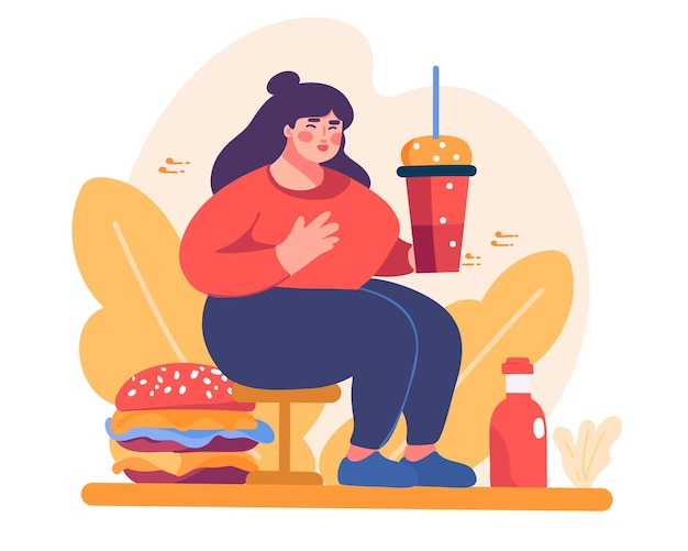 Вектор Толстая женщина с чизбургером и сладкой газировкой ест фаст-фуд проблемы со здоровьем из-за недоедания