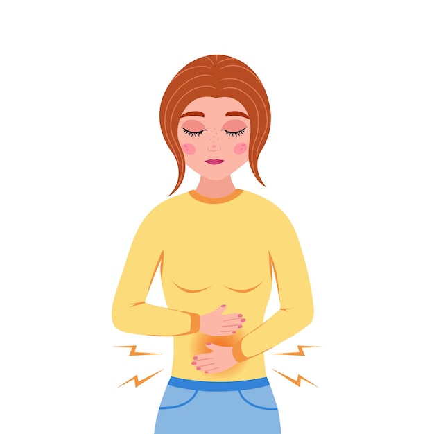 ベクトル 女性は胃の痛みを感じる下痢または便秘腹部の病気月経困難症背景を印刷するためのイラストポスターとステッカー白い背景で隔離