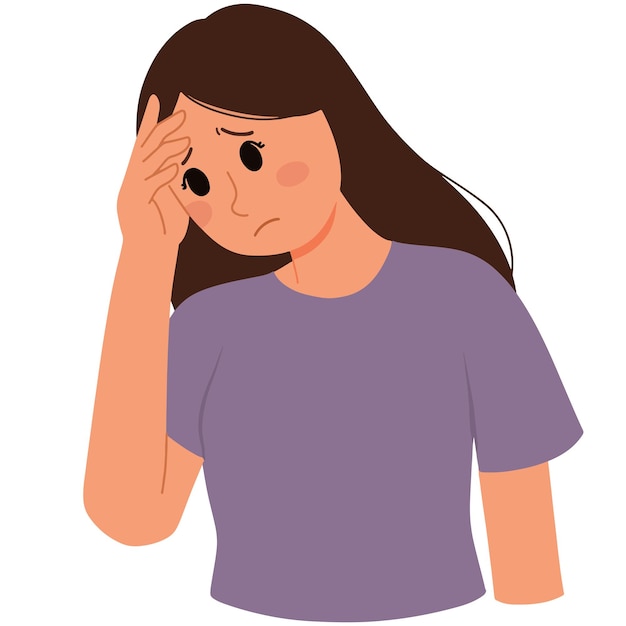 Vector woman feeling dizzy fatigue headache with hand on forehead illustration