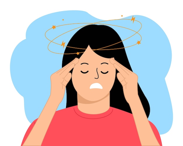 그녀의 머리 위에 회전하는 별과 함께 어지럼증을 느끼는 여성 젊은 여성은 질병으로 인해 그의 머리를 들고 있습니다.